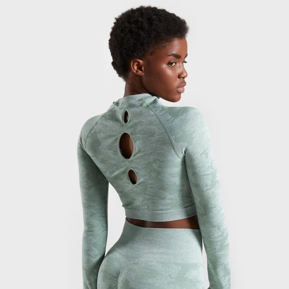 Gymshark green camo seamless long sleeve crop top